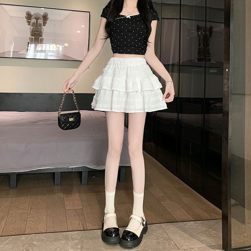 Waist Balletcore Elastic Tiered A-Line Skirt Plain Mini