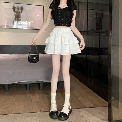 Waist Balletcore Elastic Tiered A-Line Skirt Plain Mini