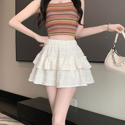 Waist Balletcore Elastic Tiered A-Line Skirt Plain Mini