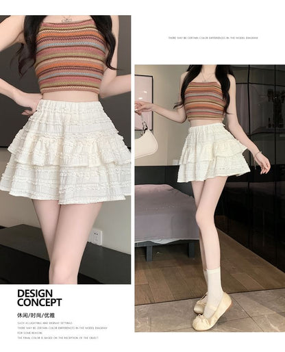 Waist Balletcore Elastic Tiered A-Line Skirt Plain Mini