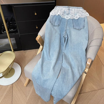 Wide Jeans Panel Leg Washed Waist Lace High