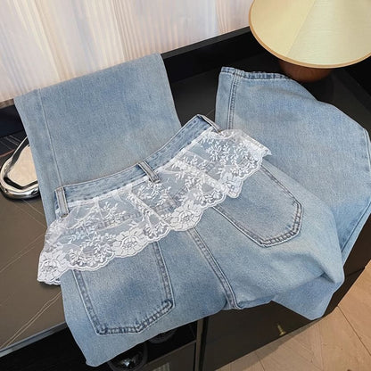 Wide Jeans Panel Leg Washed Waist Lace High