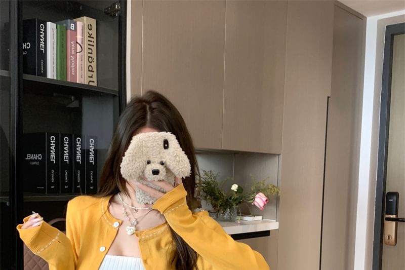 Cardigan Plain Top Front Knit Tie / Crop Ribbed Neck Contrast Tank Stitching Round