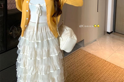 Cardigan Plain Top Front Knit Tie / Crop Ribbed Neck Contrast Tank Stitching Round