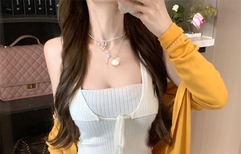 Cardigan Plain Top Front Knit Tie / Crop Ribbed Neck Contrast Tank Stitching Round