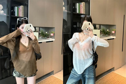 / Plain Knit Bralette Top V-Neck Long-Sleeve