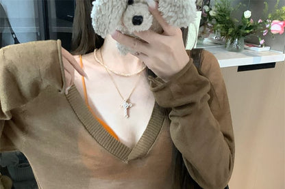 / Plain Knit Bralette Top V-Neck Long-Sleeve