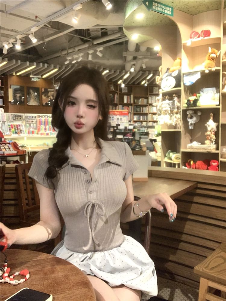 Mock Panel Bow Mini Short-Sleeve Knit A-Line Bubble Hem Two-Piece Ribbed Dress Collar