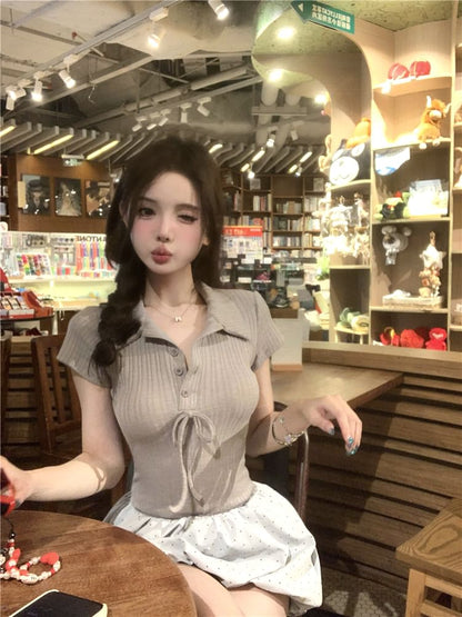 Mock Panel Bow Mini Short-Sleeve Knit A-Line Bubble Hem Two-Piece Ribbed Dress Collar