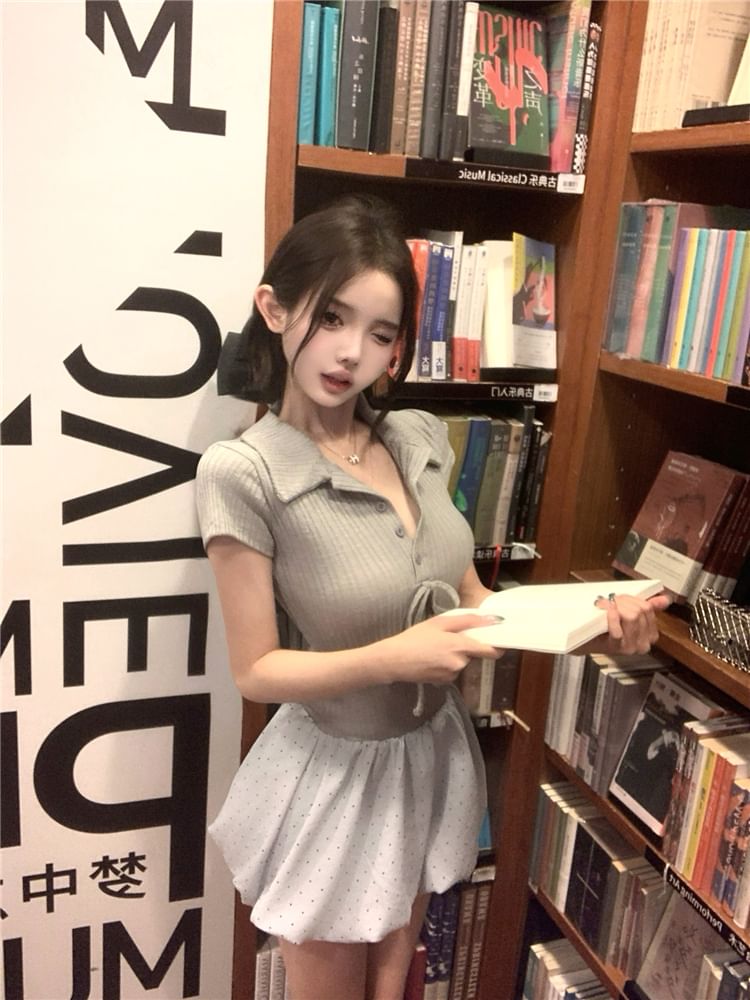 Mock Panel Bow Mini Short-Sleeve Knit A-Line Bubble Hem Two-Piece Ribbed Dress Collar