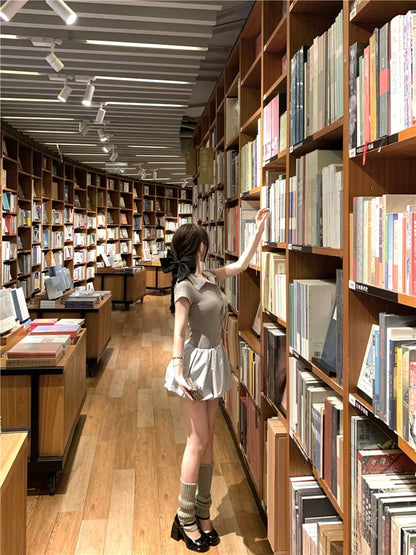 Mock Panel Bow Mini Short-Sleeve Knit A-Line Bubble Hem Two-Piece Ribbed Dress Collar