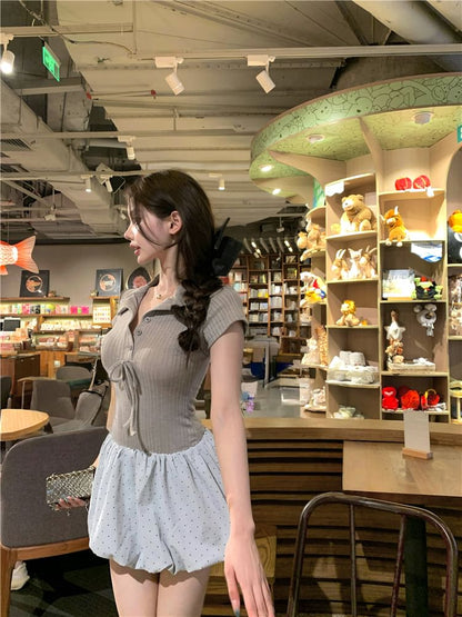 Mock Panel Bow Mini Short-Sleeve Knit A-Line Bubble Hem Two-Piece Ribbed Dress Collar