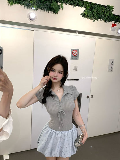 Mock Panel Bow Mini Short-Sleeve Knit A-Line Bubble Hem Two-Piece Ribbed Dress Collar