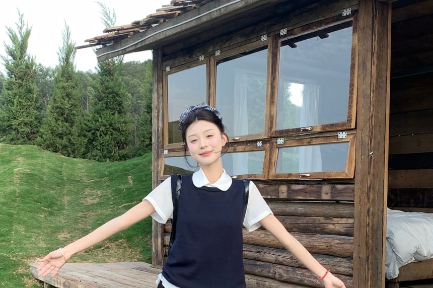 Short Waist Plain / Skirt Round Sweater Collared Shirt Sleeve A-Line Mini Neck Vest High