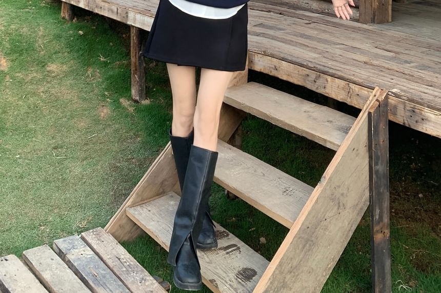 Short Waist Plain / Skirt Round Sweater Collared Shirt Sleeve A-Line Mini Neck Vest High