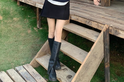 Short Waist Plain / Skirt Round Sweater Collared Shirt Sleeve A-Line Mini Neck Vest High