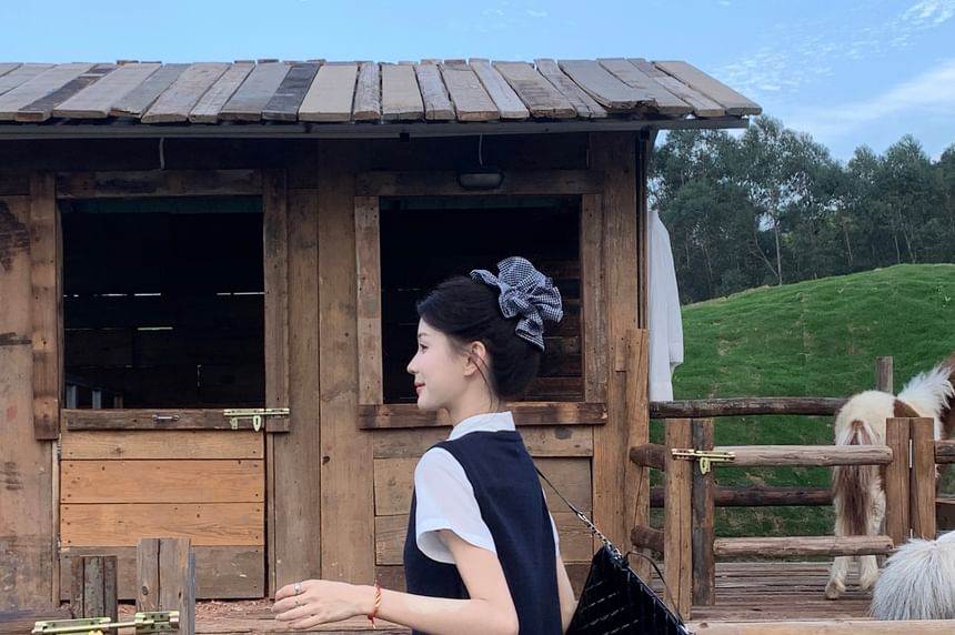 Short Waist Plain / Skirt Round Sweater Collared Shirt Sleeve A-Line Mini Neck Vest High