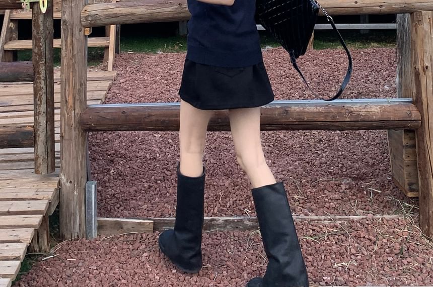 Short Waist Plain / Skirt Round Sweater Collared Shirt Sleeve A-Line Mini Neck Vest High