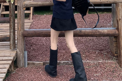 Short Waist Plain / Skirt Round Sweater Collared Shirt Sleeve A-Line Mini Neck Vest High