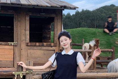 Short Waist Plain / Skirt Round Sweater Collared Shirt Sleeve A-Line Mini Neck Vest High