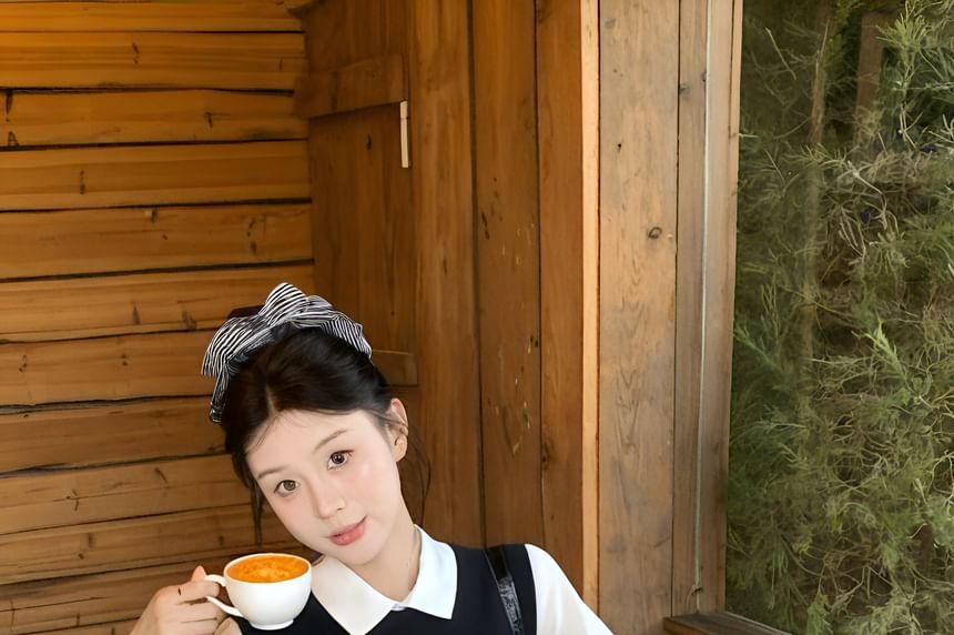 Short Waist Plain / Skirt Round Sweater Collared Shirt Sleeve A-Line Mini Neck Vest High