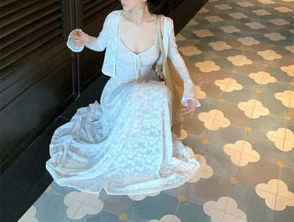 A-Line Jacquard / Bolero Maxi Floral Dress Spaghetti Strap