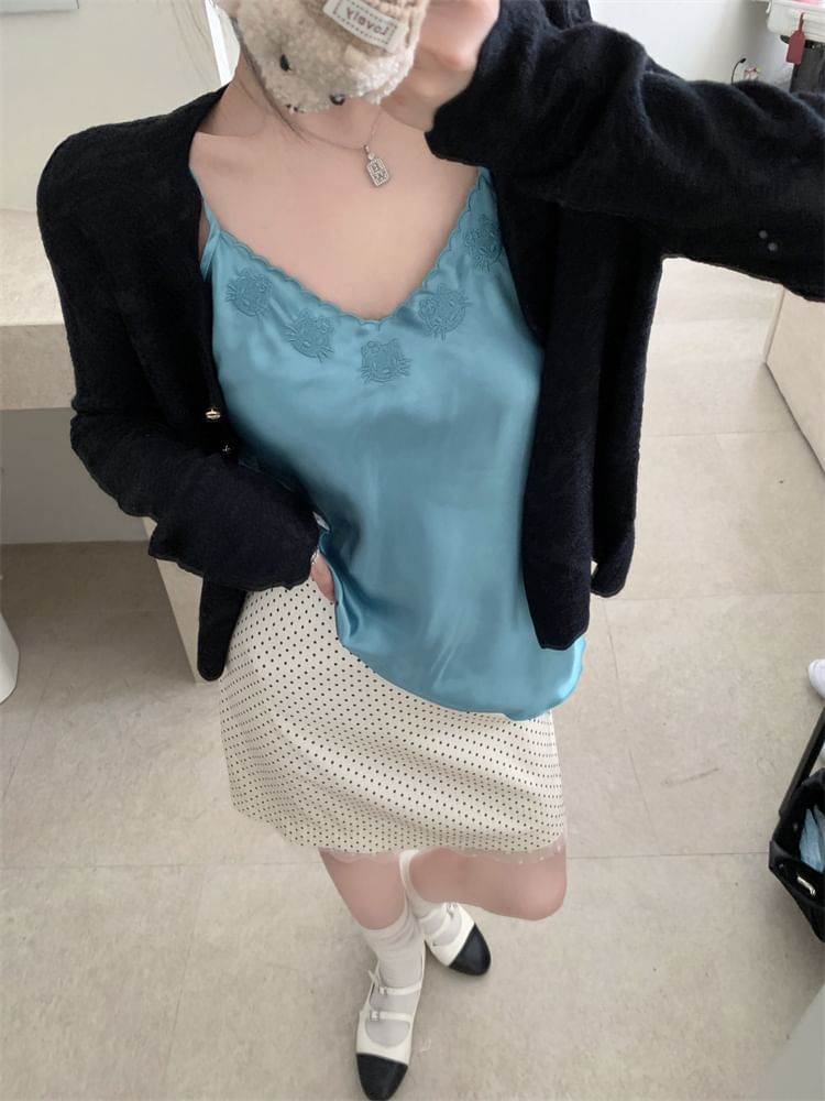 Rise Cardigan Pencil Skirt Dotted Plain Top Embroidered V-Neck Satin Mini / High Cami