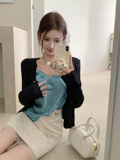 Rise Cardigan Pencil Skirt Dotted Plain Top Embroidered V-Neck Satin Mini / High Cami