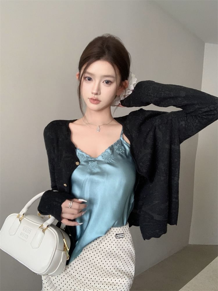 Rise Cardigan Pencil Skirt Dotted Plain Top Embroidered V-Neck Satin Mini / High Cami