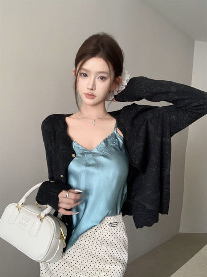 Rise Cardigan Pencil Skirt Dotted Plain Top Embroidered V-Neck Satin Mini / High Cami