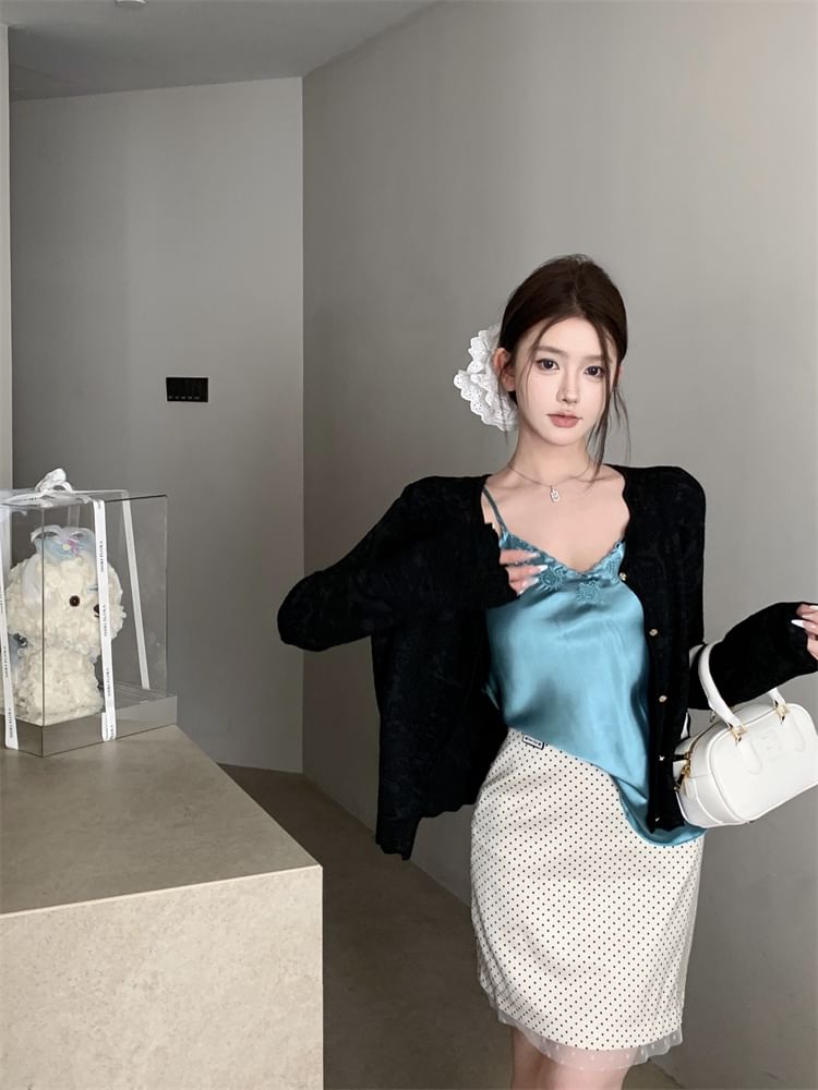 Rise Cardigan Pencil Skirt Dotted Plain Top Embroidered V-Neck Satin Mini / High Cami