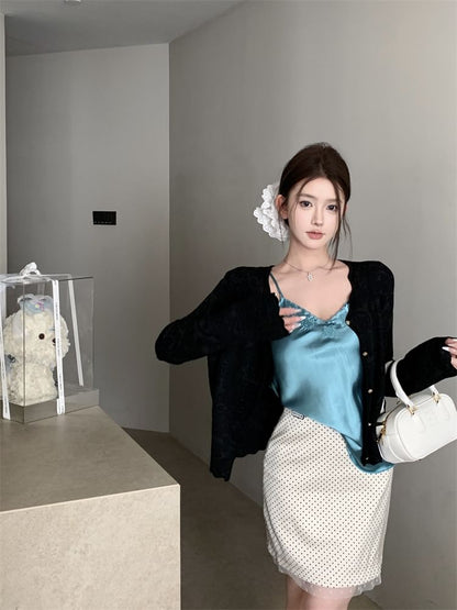 Rise Cardigan Pencil Skirt Dotted Plain Top Embroidered V-Neck Satin Mini / High Cami