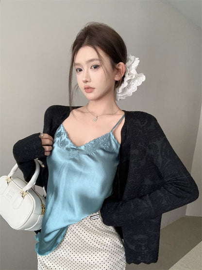 Rise Cardigan Pencil Skirt Dotted Plain Top Embroidered V-Neck Satin Mini / High Cami