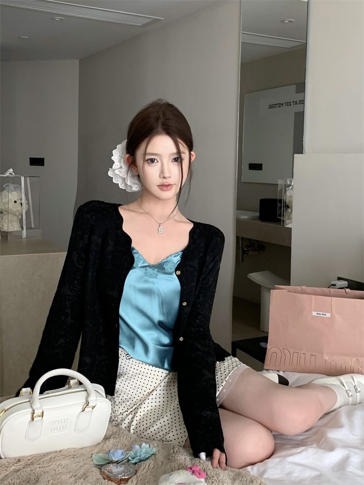 Rise Cardigan Pencil Skirt Dotted Plain Top Embroidered V-Neck Satin Mini / High Cami