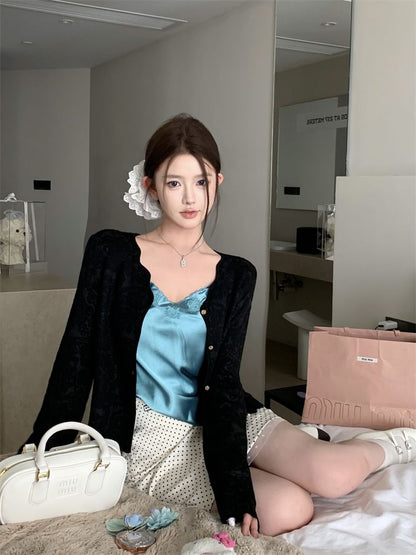 Rise Cardigan Pencil Skirt Dotted Plain Top Embroidered V-Neck Satin Mini / High Cami