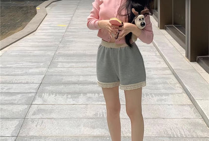 Camisole / Top Shorts Waist Neck Padded V-Neck High Lace Panel Round Sweat Cardigan Plain