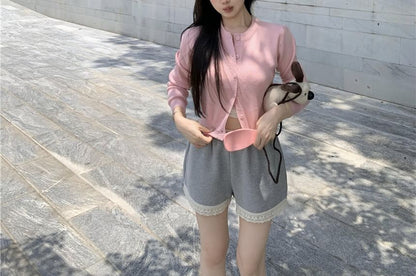 Camisole / Top Shorts Waist Neck Padded V-Neck High Lace Panel Round Sweat Cardigan Plain