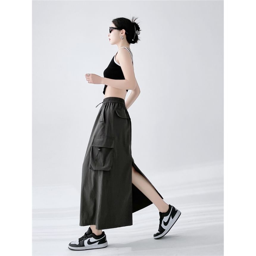 A-Line Cargo Waist Slit Drawstring Skirt Plain Midi