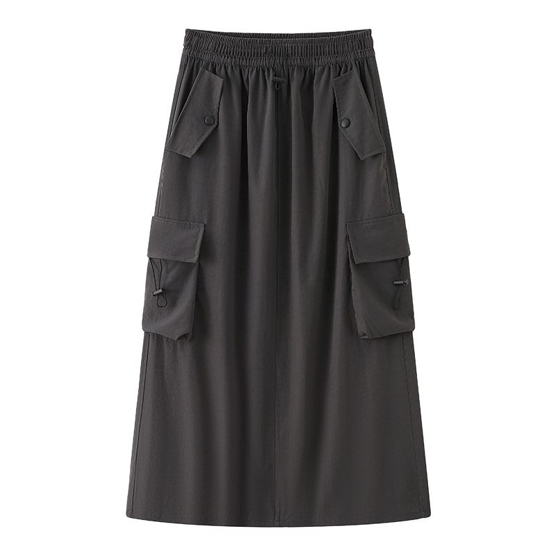 A-Line Cargo Waist Slit Drawstring Skirt Plain Midi