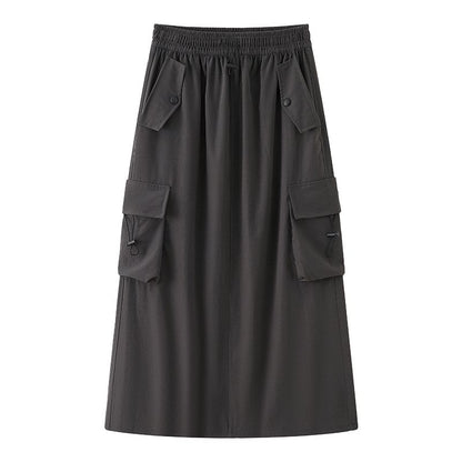 A-Line Cargo Waist Slit Drawstring Skirt Plain Midi