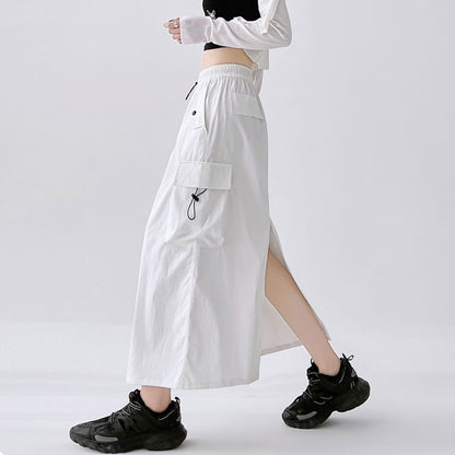 A-Line Cargo Waist Slit Drawstring Skirt Plain Midi