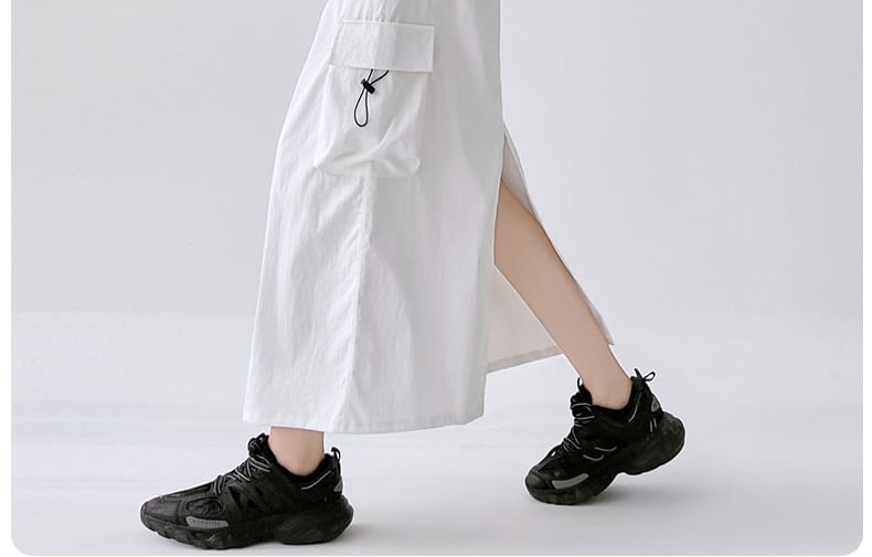 A-Line Cargo Waist Slit Drawstring Skirt Plain Midi