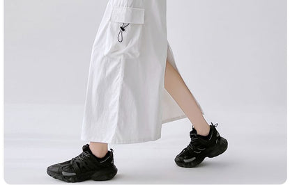 A-Line Cargo Waist Slit Drawstring Skirt Plain Midi