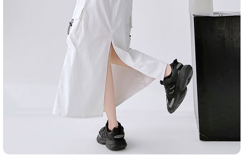 A-Line Cargo Waist Slit Drawstring Skirt Plain Midi