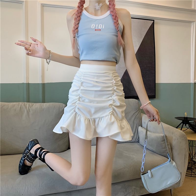 Pencil Skirt High Plain Ruched Mini Waist