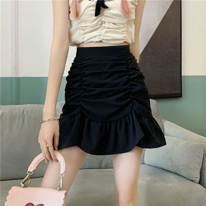 Pencil Skirt High Plain Ruched Mini Waist