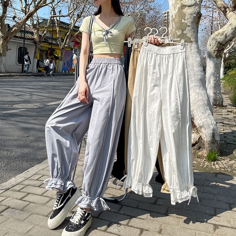 Elastic Waist Ruffle Pants Plain Harem Bow Trim Cropped