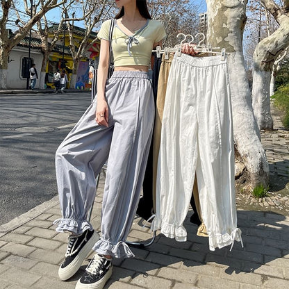 Elastic Waist Ruffle Pants Plain Harem Bow Trim Cropped