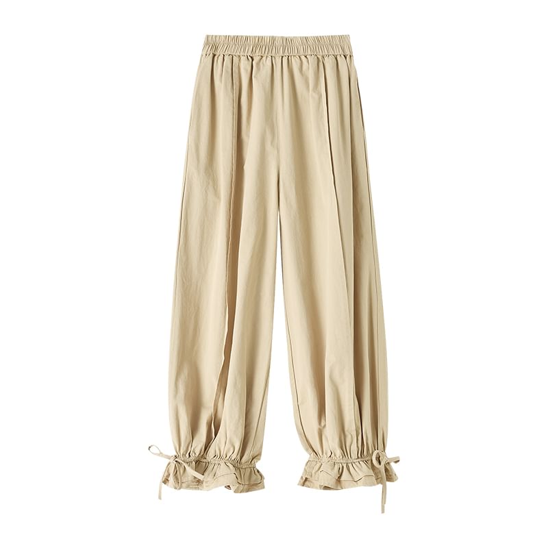 Elastic Waist Ruffle Pants Plain Harem Bow Trim Cropped