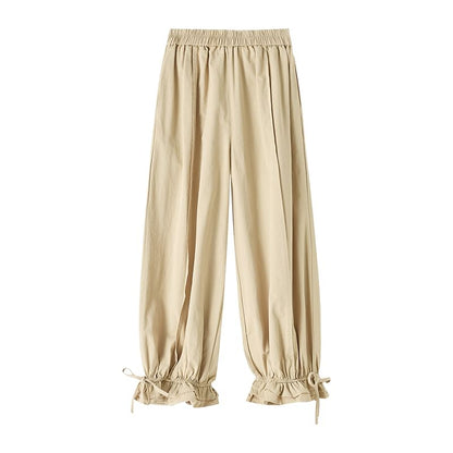 Elastic Waist Ruffle Pants Plain Harem Bow Trim Cropped